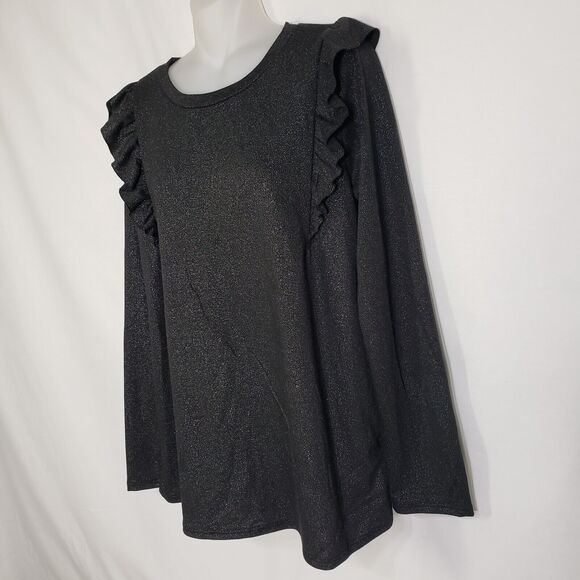 Flamingo Urban Womens Top Size Large Ruffles Black Shimmer Pullover Long Sleeve - Picture 5 of 7